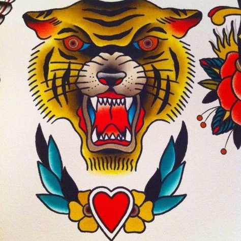 Traditional old school tiger head with winged heart tattoo design