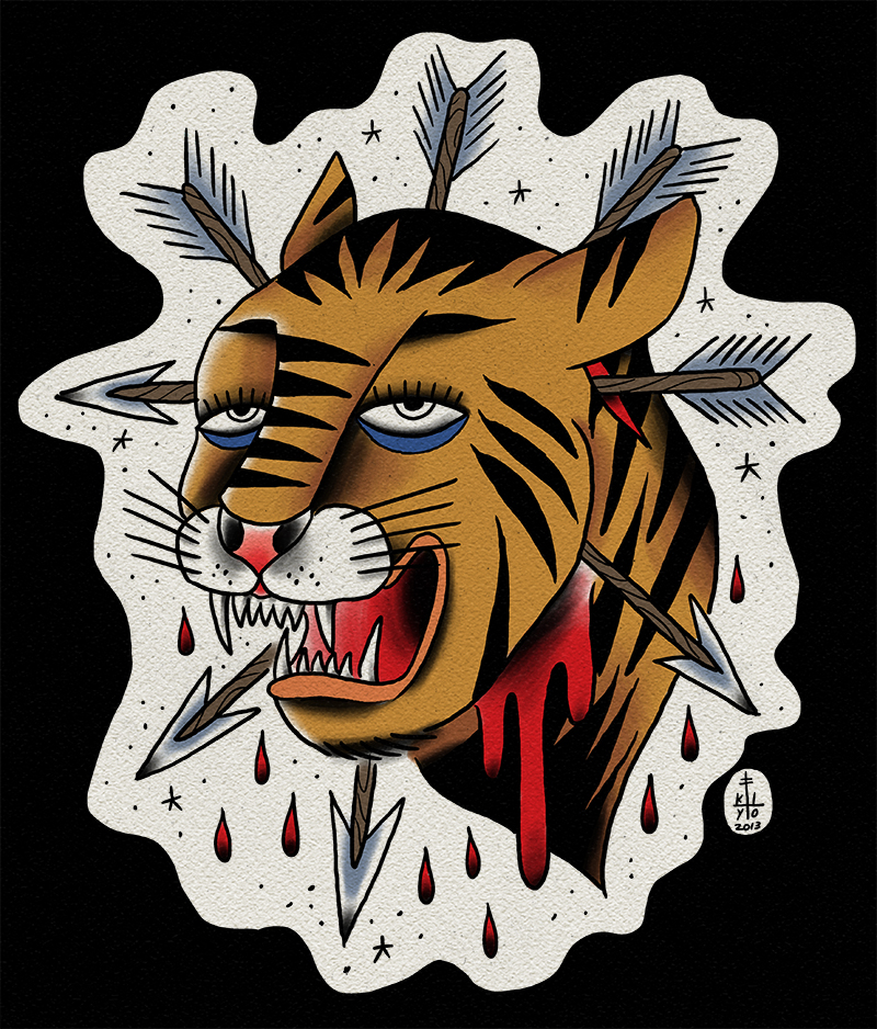 Traditional old school tiger pierced with arrows tattoo design