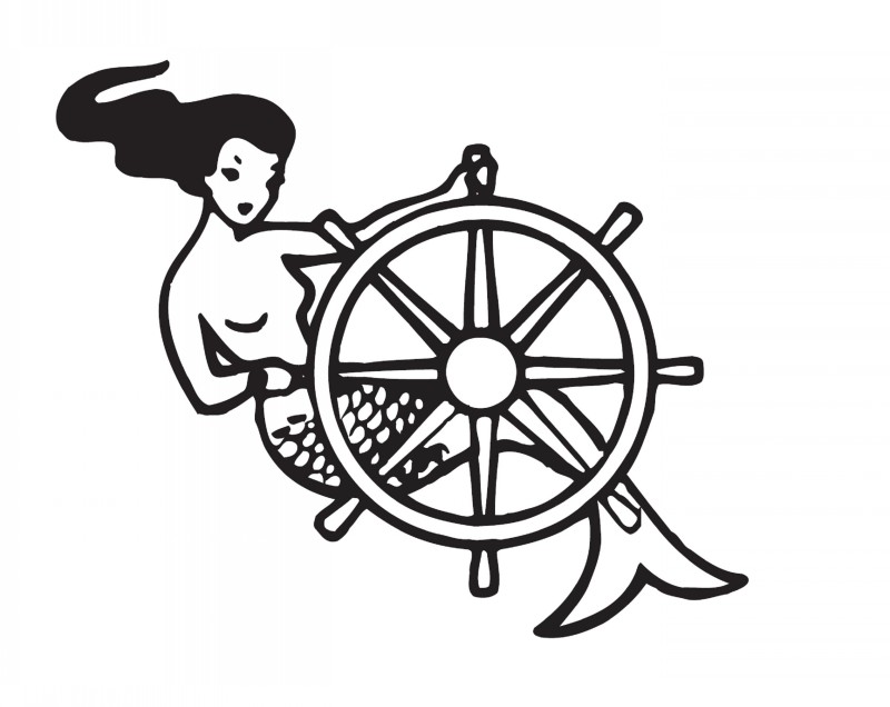 Traditional outline mermaid driving with stearing wheel tattoo design