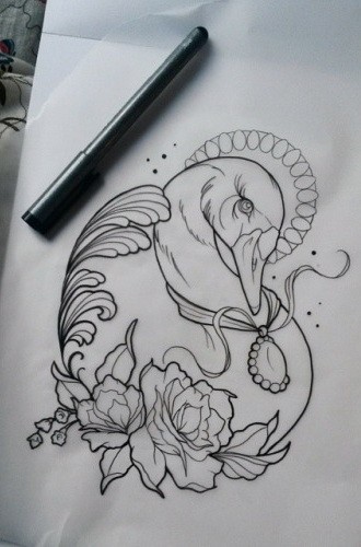 Traditional outline swan with gem medallion and roses tattoo design