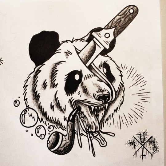 Traditional panda head with pipe pierced with dagger tattoo design