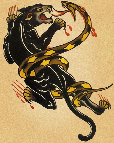 Traditional panther and snake battle tattoo design