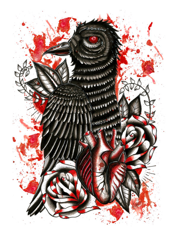 Traditional raven with heart and roses in blood splashes tattoo design