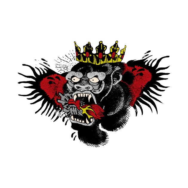 Traditional red-and-black monkey head in golden crown tattoo design