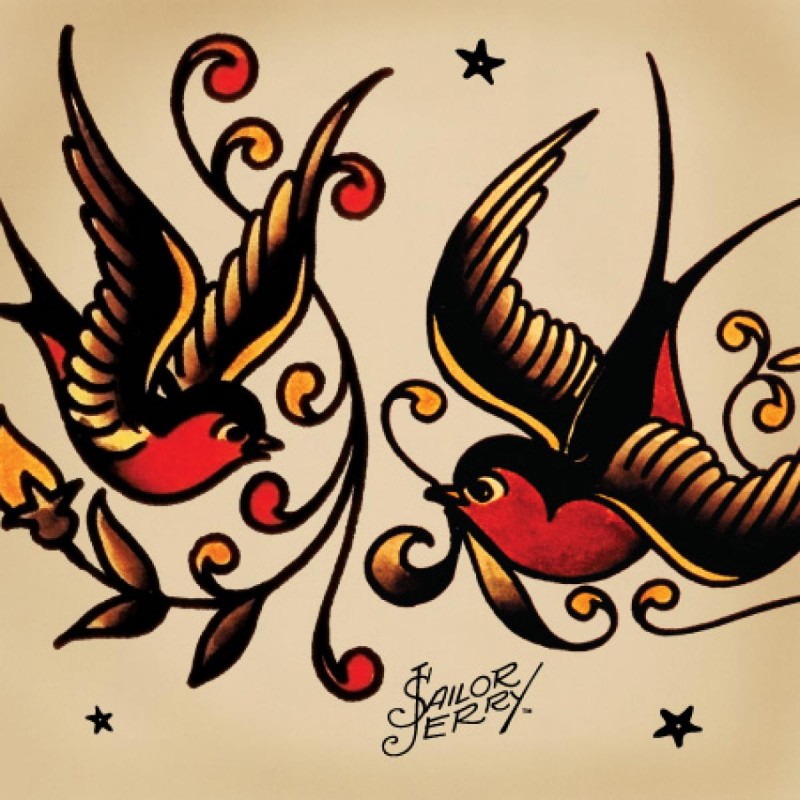 Traditional red-and-black sparrow couple and swirly branches tattoo design