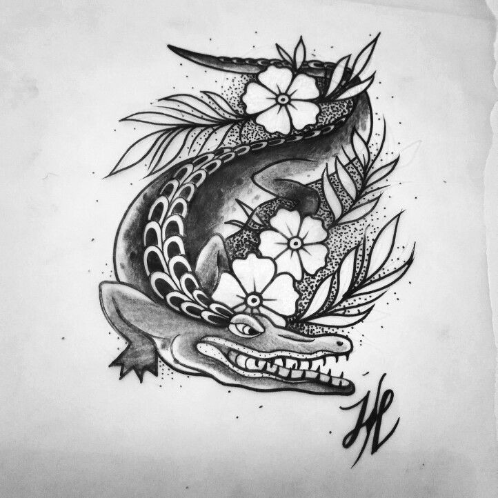 Traditional reptile and flowers in old school style tattoo design