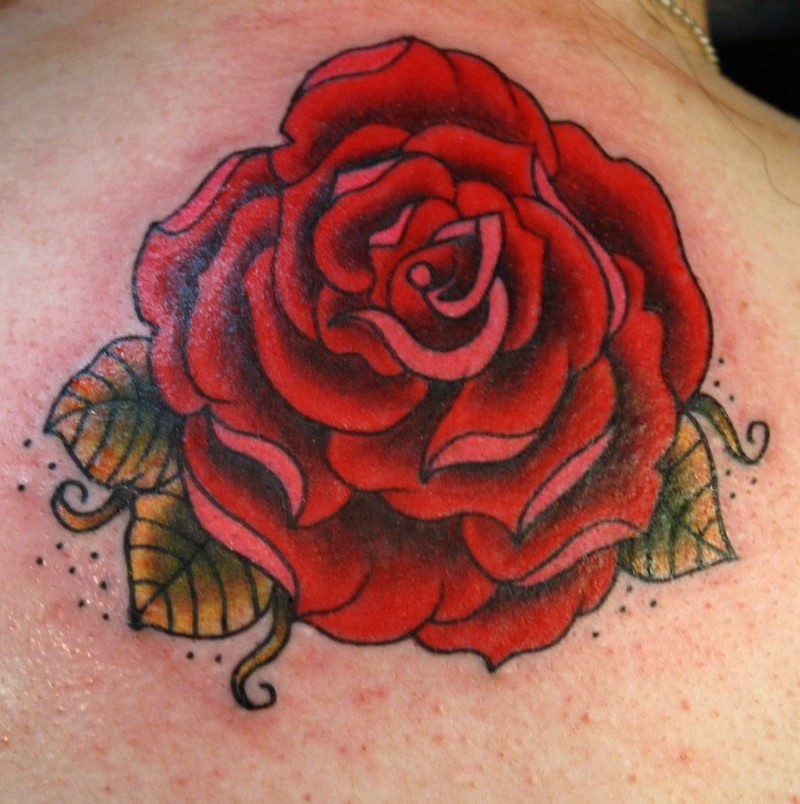 Traditional rose flower with green leaves tattoo