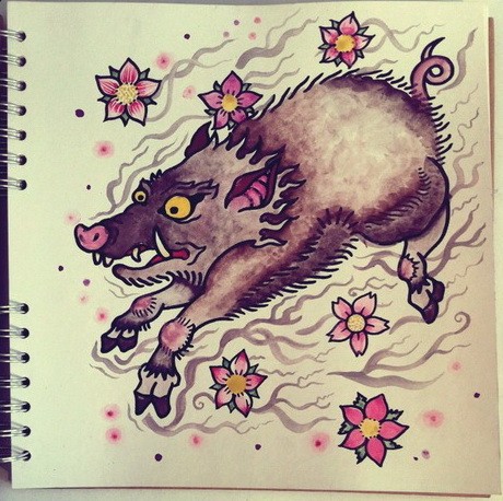Traditional running pig with cherry blossom in japanese style tattoo design