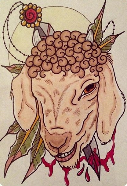 Traditional sheep head killed with sharp knife tattoo design