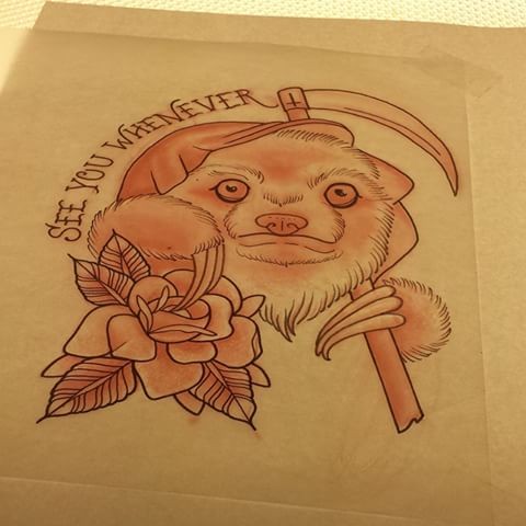Traditional sloth with flower and scythe tattoo design