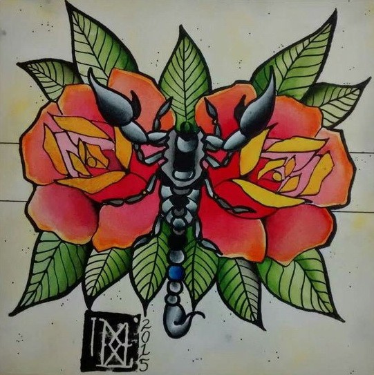 Traditional small grey scorpion on big red rose buds background tattoo design