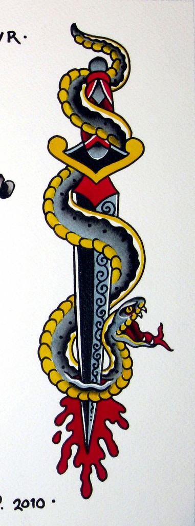 Traditional snake killed with long sword tattoo design