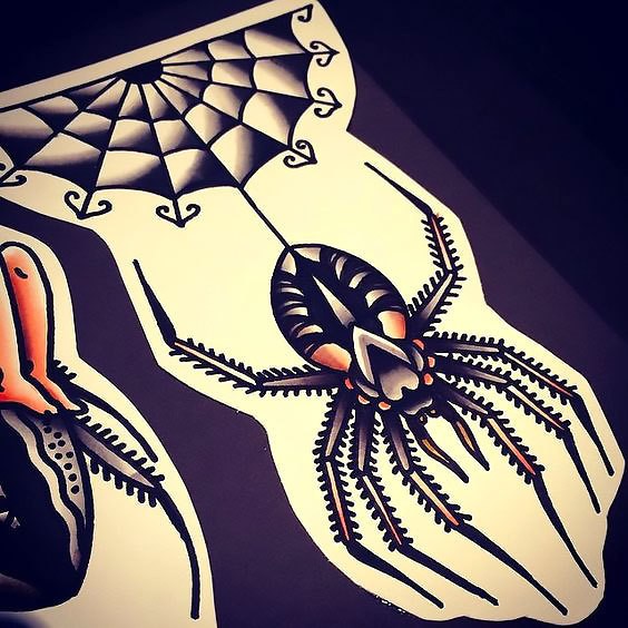 Traditional spider hanging on half-net tattoo design