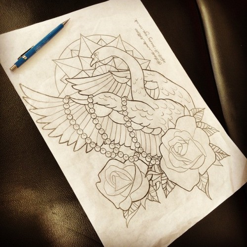 Traditional swan with beads and roses on geometric mandala background tattoo design