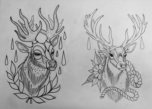 Traditional uncolored decorated deer head tattoo designs