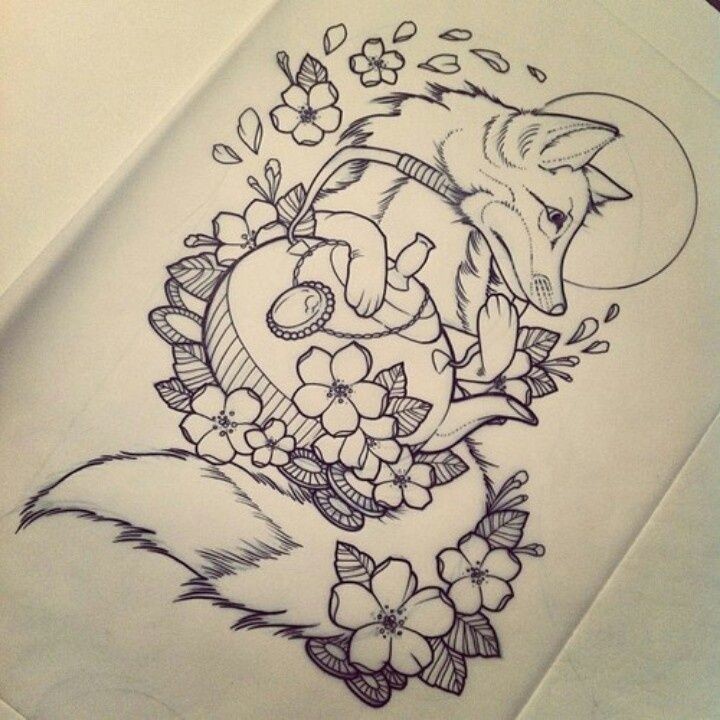 Traditional uncolored fox with huge kettle and cherry blossom tattoo design