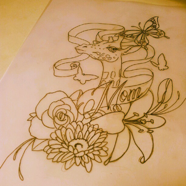 Traditional uncolored giraffe with butterfly and flowers tattoo design by Heart Sand Anchors