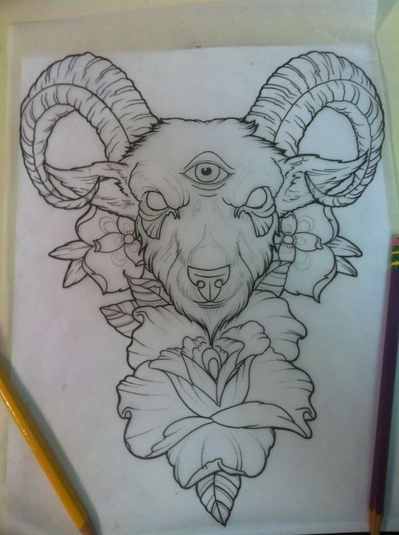 Traditional uncolored ram with third eye and roses tattoo design