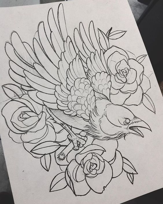 Traditional uncolored raven and roses tattoo design