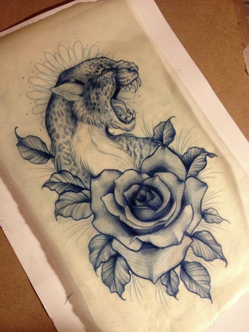 Traditional uncolored roaring cheetah and flower tattoo design