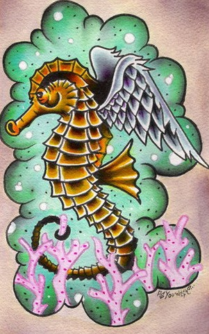 Traditional yellow winged seahorse on green cloud background tattoo design by Jaimie13