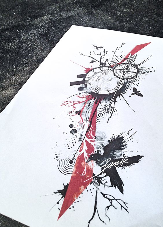 Trash polca raven with clock and compass arrow tattoo design