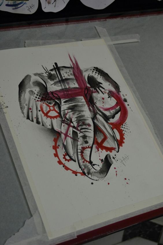 Trash polka grey elephant head and red cogwheel elements tattoo design