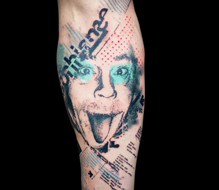 Trash polka style colored forearm tattoo of Einstein portrait