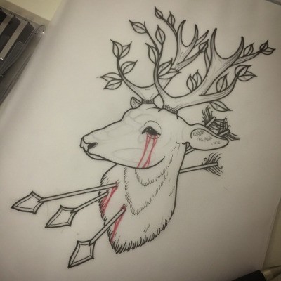 Tree-horned deer killed with arrows tattoo design