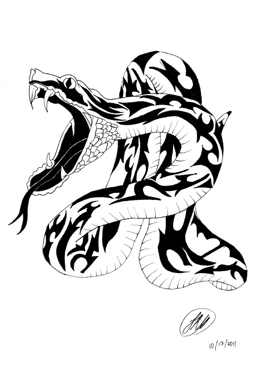 Tribal-printed hissing reptile tattoo design