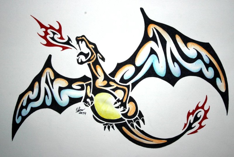 Tribal colorful flying dragon breathing with fire tattoo design