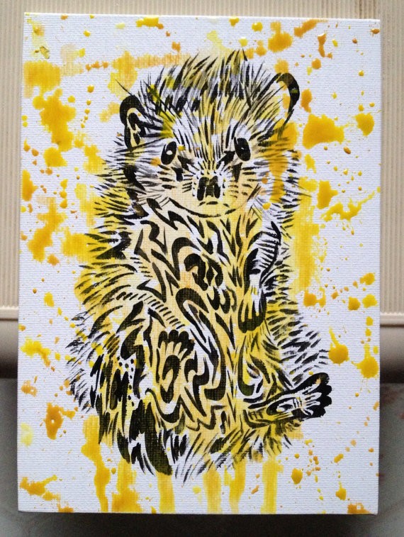 Tribal hedgehog in yellow watercolor splashes tattoo design