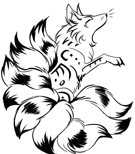 Tribal kitsune fox with nine fluffy tails tattoo by Cunning Fox