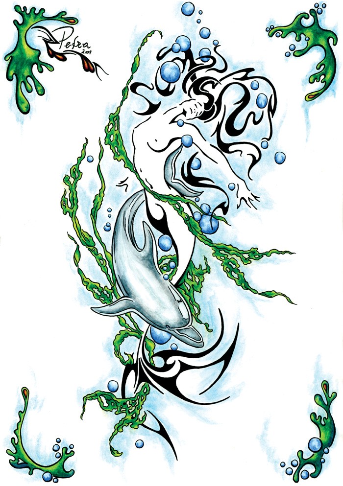 Tribal mermaid with a dolphin curled with green weeds tattoo design by Evilorchid