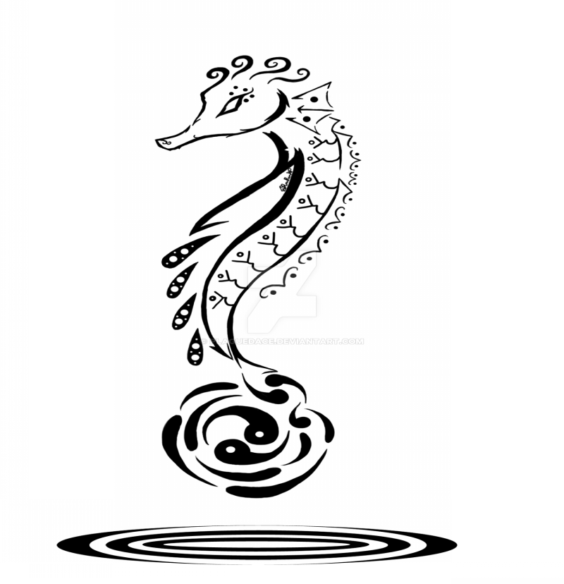 Tribal stylized seahorse with yin yang sign and puddle tattoo design