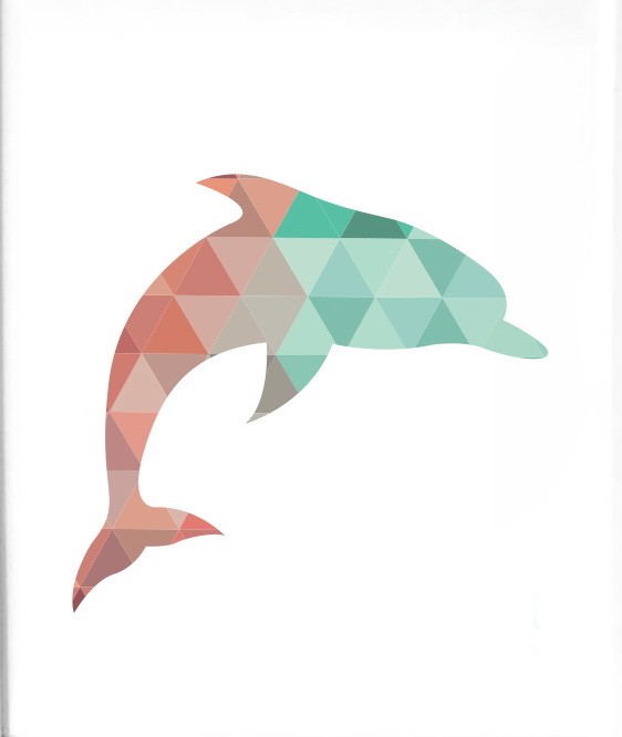 Turquoise-and-red geometric dolphin tattoo design