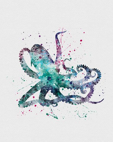 Turquoise-and-violet watercolor octopus tattoo design