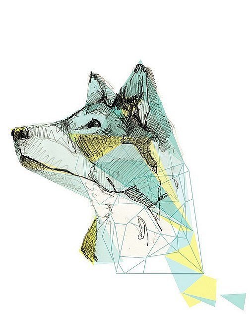 Turquoise-and-yellow wolf with geometric elements tattoo design