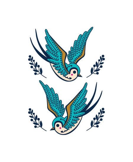 Turquoise-color flying sparrows tattoo design