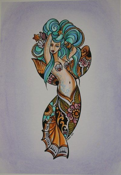 Turquoise-haired mermaid with golden folk-patterned tail tattoo design