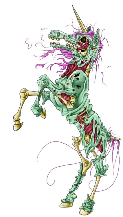 Turquoise-skin jumping zombie unicorn with pink mane tattoo design
