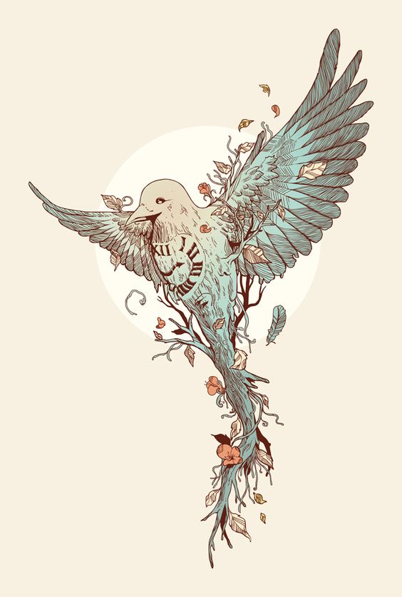 Turquoise dove with clock sign on belly tattoo design