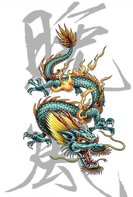 Turquoise fire-mane dragon on grey hieroglyphs background tattoo design
