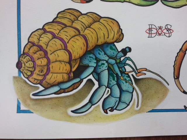 Turquoise hermit crab in yellow purple-striped shell tattoo design