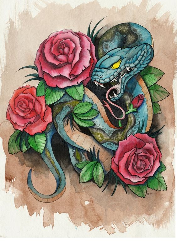Turquoise new school snake surrounded with roses tattoo design