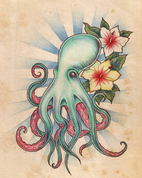 Turquoise octopus with orchids tattoo design