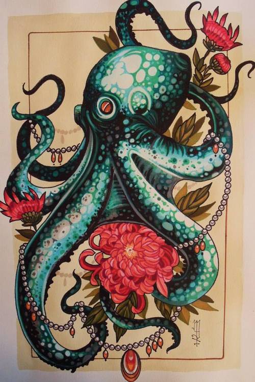 Turquoise spotted octopus and red flowers tattoo design