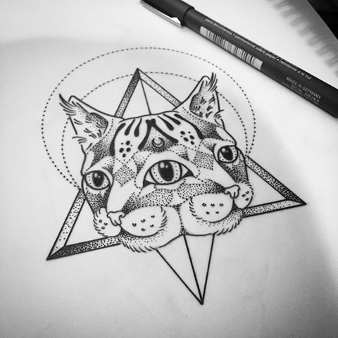 Twin-faced cat on geometric drawings tattoo design