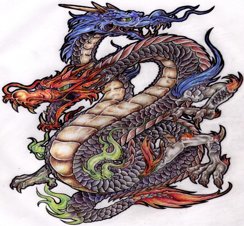 Dragão de duas cabeças em design de tatuagem de cores vermelhas e azuis