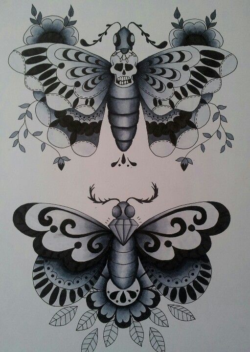 Two beautiful moths decorated with herbal elements tattoo design